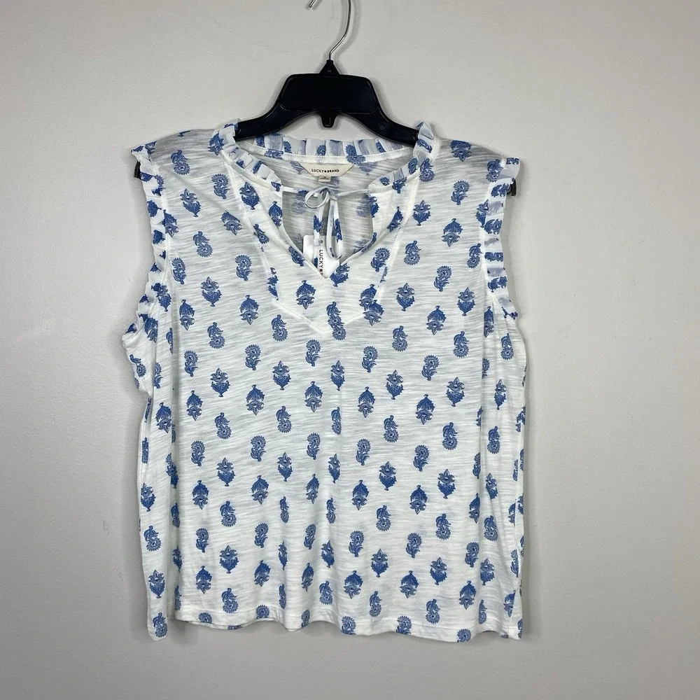 Lucky Brand Sz M Blue White Floral Print Ruffle Split Tie Neck Top Lightweight - Picture 2 of 15